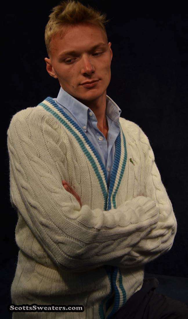 Men's Classic Retro Izod cardigan sweater with striped trim and crocodile logo