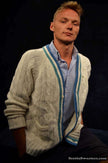Men's Classic Retro Izod Lacoste cardigan tennis sweater with striped trim and crocodile logo
