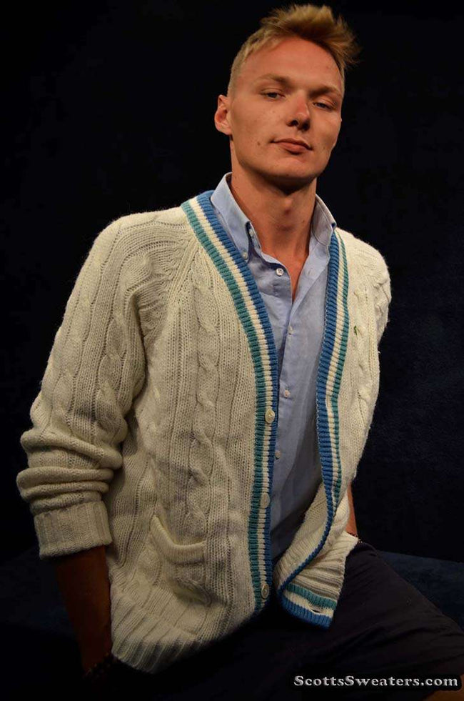 Men's Classic Retro Izod Lacoste cardigan tennis sweater with striped trim and crocodile logo