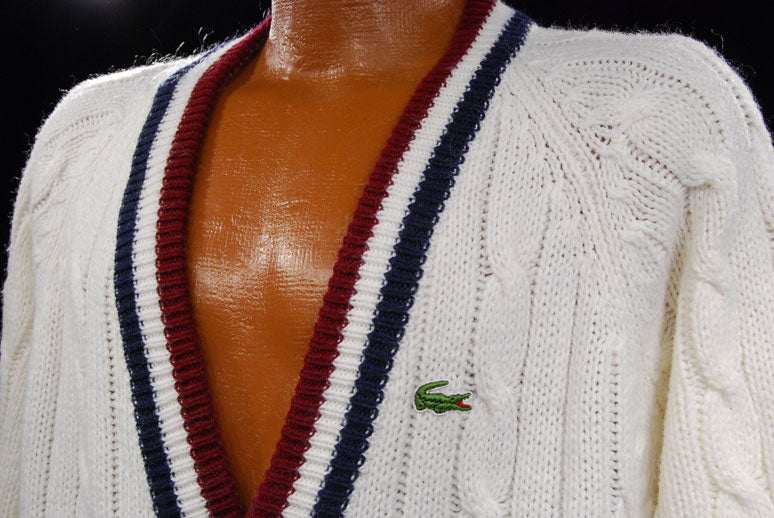 Men's Classic Retro Izod Lacoste cardigan sweater with striped trim and crocodile logo