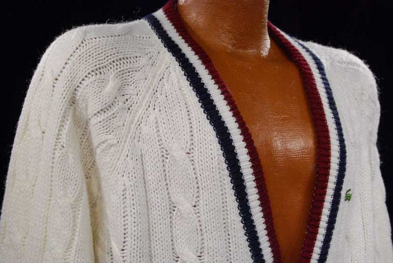 Men's Classic Retro Izod vintage cardigan tennis sweater with striped trim and crocodile logo