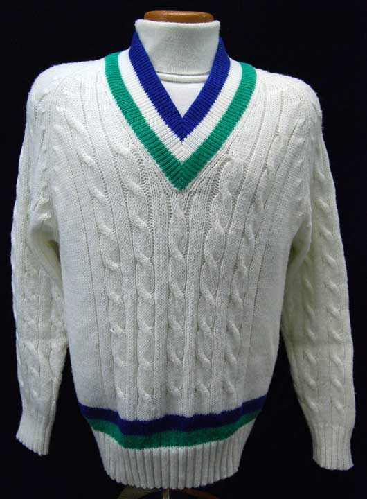 Men's classic retro Izod tennis sweater in white with blue and green stripes and cable knit design
