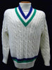 Men's classic retro Izod tennis sweater in white with blue and green stripes and cable knit design