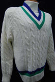 Men's classic retro Izod tennis sweater with blue and green stripes and cable knit design