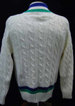 Men's classic retro Izod tennis sweater with blue and green stripes and cable knit design