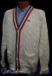 Men's Classic Retro Izod Lacoste tennis cardigan sweater with striped trim and crocodile logo