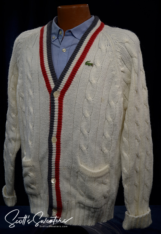 Men's Classic Retro Izod Lacoste tennis cardigan sweater with striped trim and crocodile logo