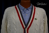 Men's Classic Retro Izod Lacoste cardigan tennis sweater with striped trim and crocodile logo