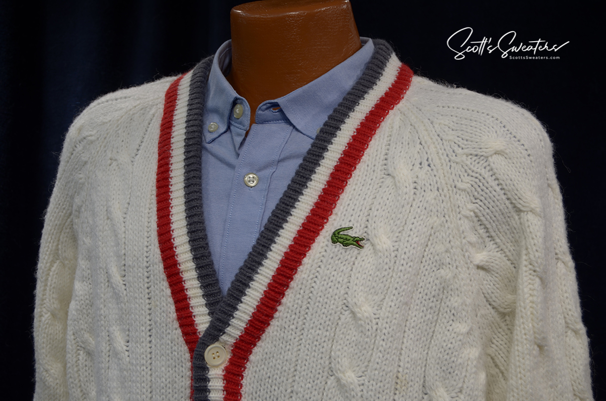 Men's Classic Retro Izod Lacoste cardigan sweater with striped trim and crocodile logo