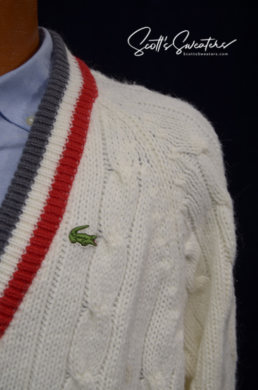 Men's Classic Retro Izod Lacoste cardigan tennis sweater with striped trim and crocodile logo