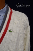 Men's Classic Retro Izod Lacoste cardigan tennis sweater with striped trim and crocodile logo