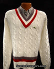 Men's classic retro Izod tennis sweater in white cable knit with grey and red V-neck and hem stripes and Lacoste crocodile logo