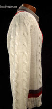 Men's vintage Izod tennis sweater in cream with grey and red stripe trim
