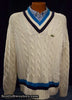 Men's retro cable-knit Izod Lacoste tennis sweater with black and blue stripes