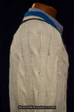 Men's classic retro Izod tennis sweater with cable-knit design and black/blue striped collar
