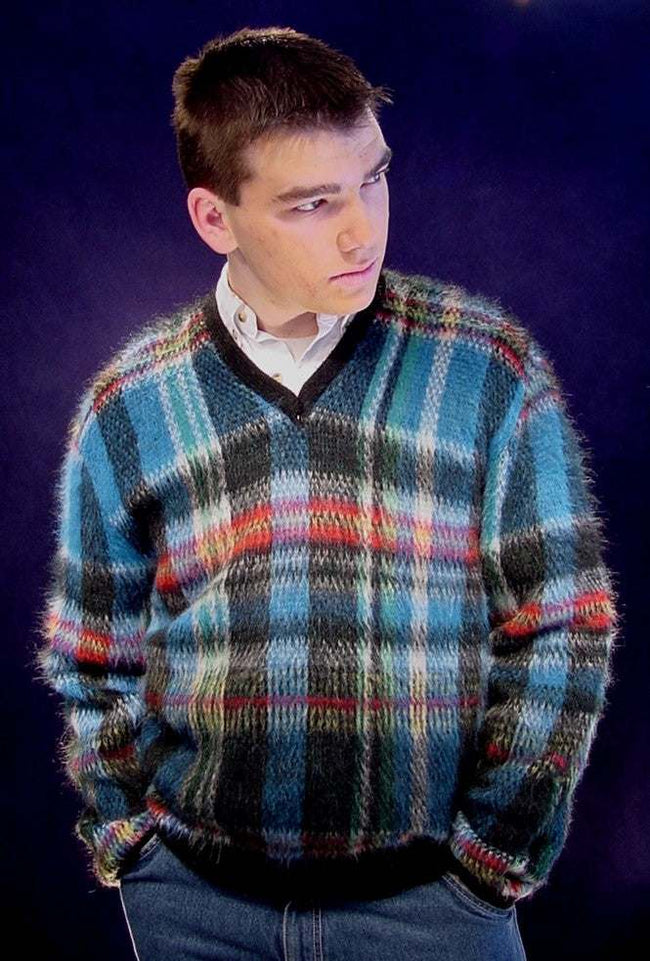 Vintage mohair sweater with classic retro shaggy plaid design and V-neck style worn by man