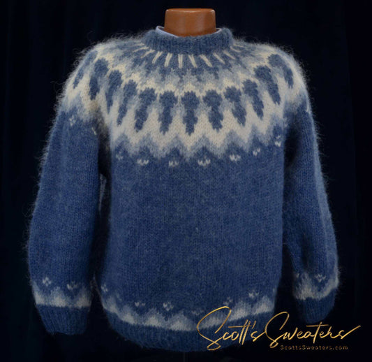 Men's Icelandic wool hand-knit crewneck sweater with traditional yoke design in blue and white