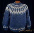 Men's Icelandic wool hand-knit crewneck sweater with traditional yoke design in blue and white