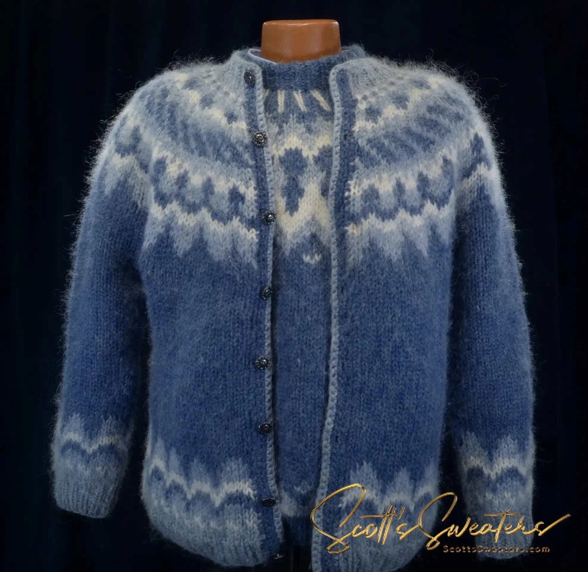 Men's Icelandic wool blue hand-knit cardigan sweater with traditional yoke design