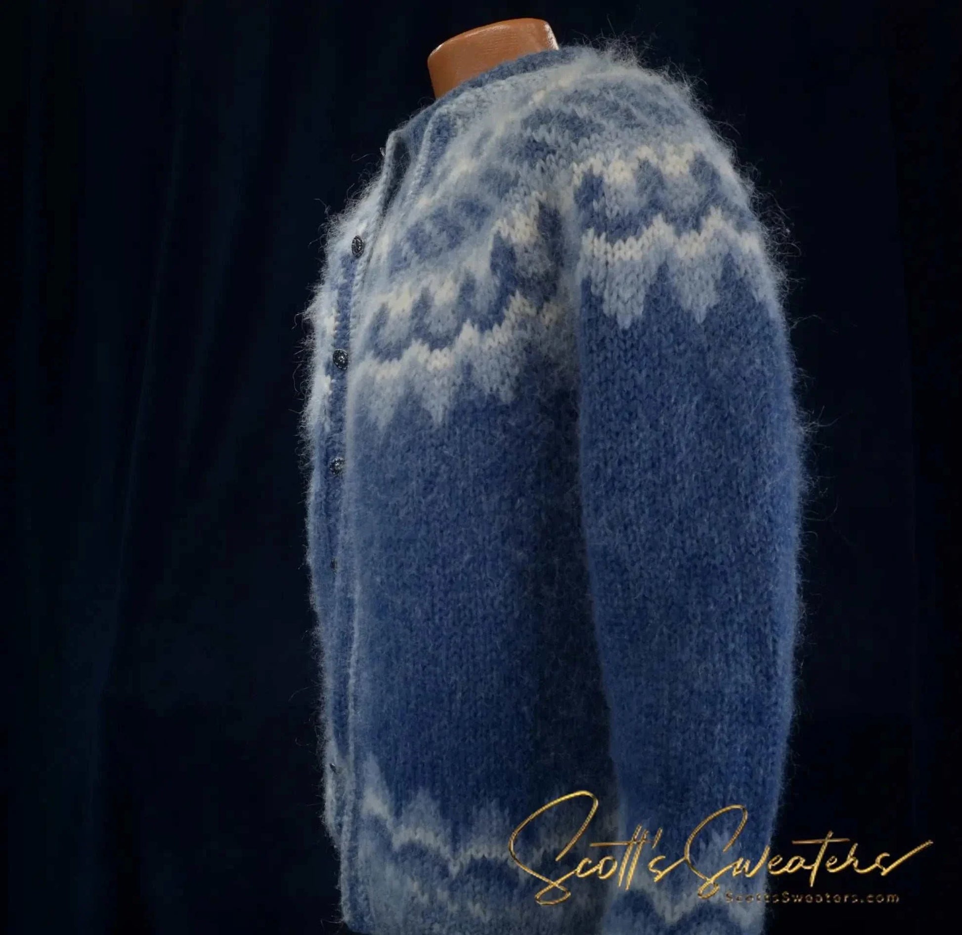 Men's Icelandic wool hand-knit blue cardigan sweater with traditional yoke design