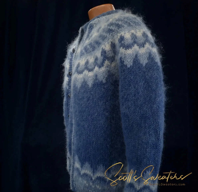 Men's Icelandic wool hand-knit blue cardigan sweater with traditional yoke design