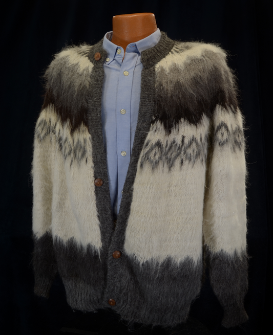 Men's Soft Alpaca Cardigan Sweater in White with black/grey pattern