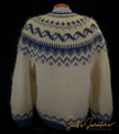 Men's Icelandic wool hand-knit crewneck sweater with traditional yoke pattern in cream and blue colors