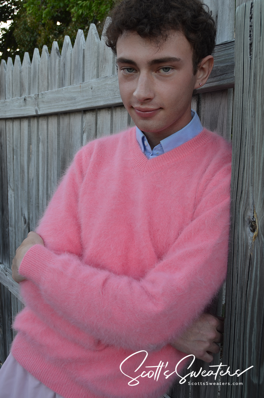 Men's ultra-soft angora white V-neck sweater, luxurious and warm, available in multiple colors and sizes
