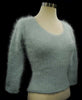 Woman's sexy cropped angora ribbed 3/4-sleeve V-neck pullover sweater in soft light gray
