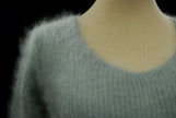Woman's sexy cropped 3/4-sleeve fuzzy angora ribbed V-neck sweater in gray