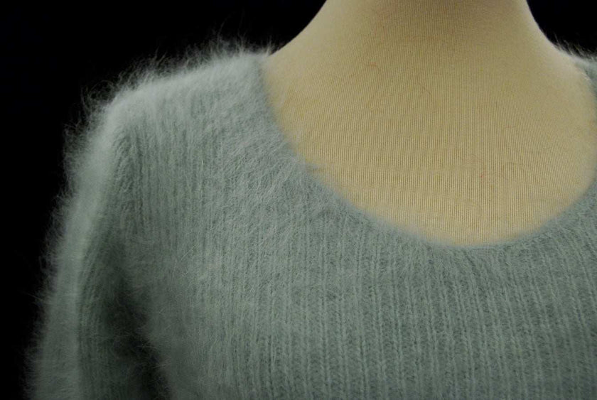 Woman's sexy cropped 3/4-sleeve fuzzy angora ribbed V-neck sweater in gray