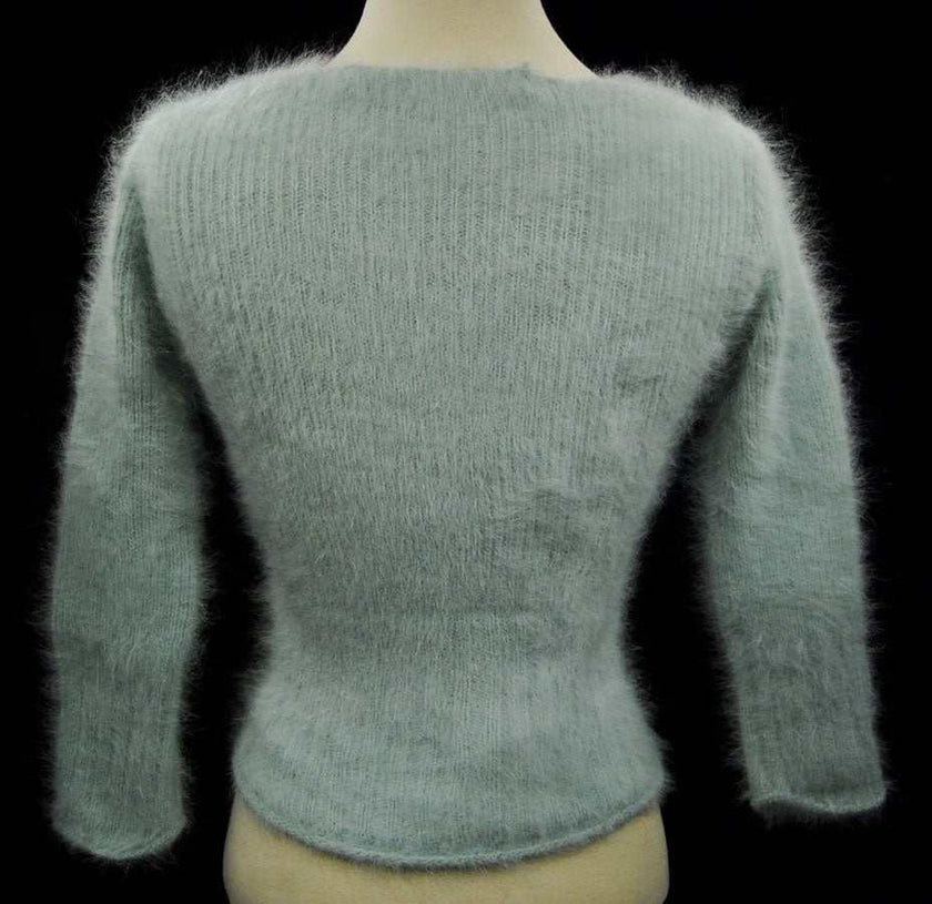 Woman's sexy cropped 3/4-sleeve angora ribbed pullover sweater in light gray