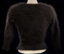 Woman's sexy cropped 3/4-sleeve angora sweater in dark sable brown with cling-fit ribbed texture