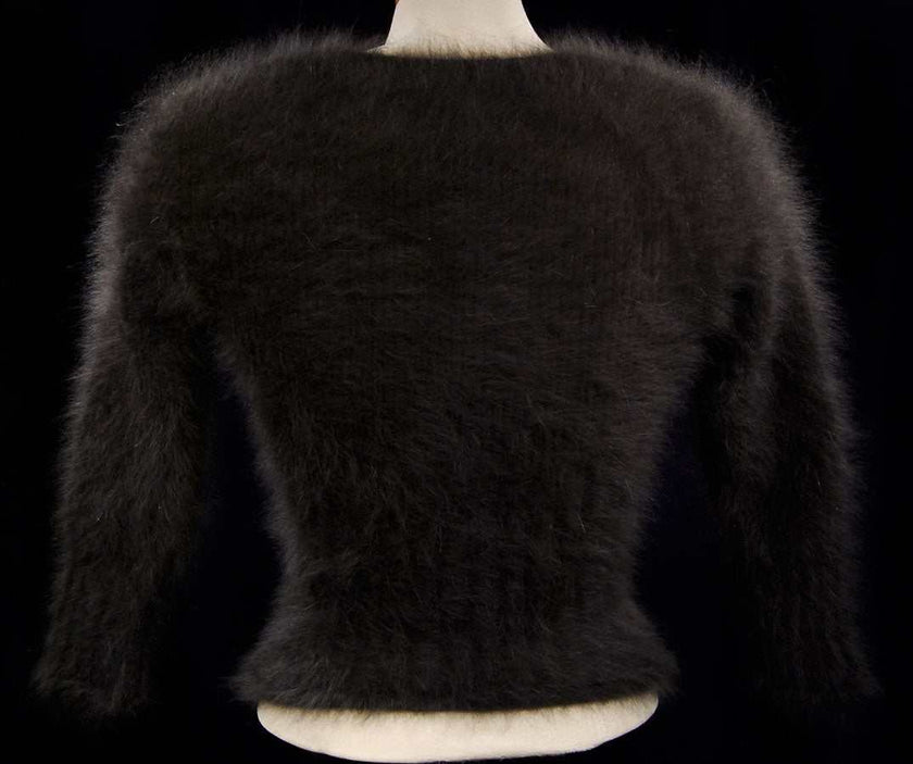 Woman's sexy cropped 3/4-sleeve angora sweater in dark sable brown with cling-fit ribbed texture