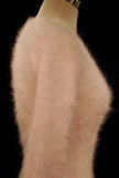 Woman's sexy cropped 3/4-sleeve angora ribbed cling-fit V-neck sweater in soft beige