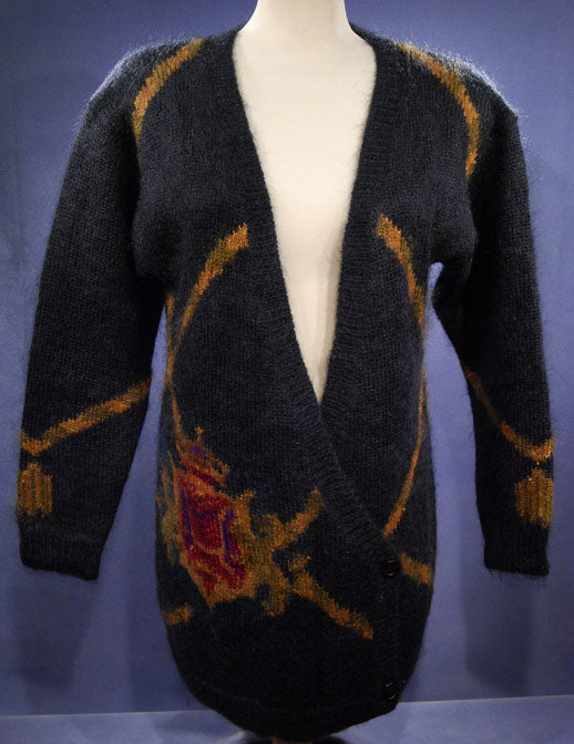 Woman's Long Black Cardigan Mohair Sweater with Crest Design