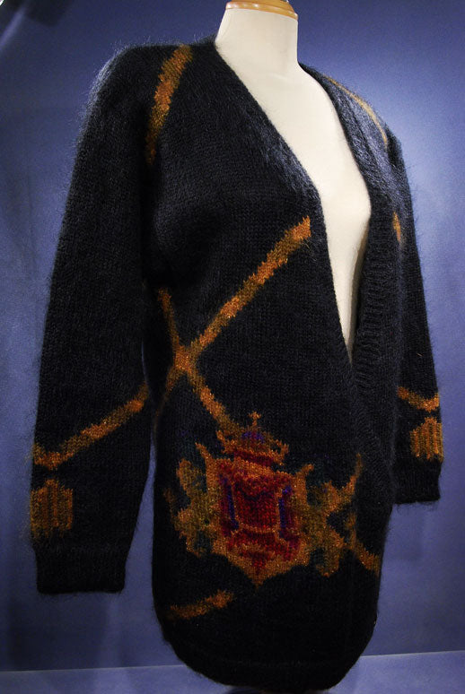 Woman's Long Black Cardigan Mohair Sweater with Crest Design