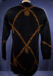 Woman's long black mohair cardigan sweater with metallic gold crest design by Linda Alland for Ellen Tracy, size P (40)