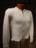 Teen girl's cropped zipper-front natural white silk-angora cardigan sweater on mannequin