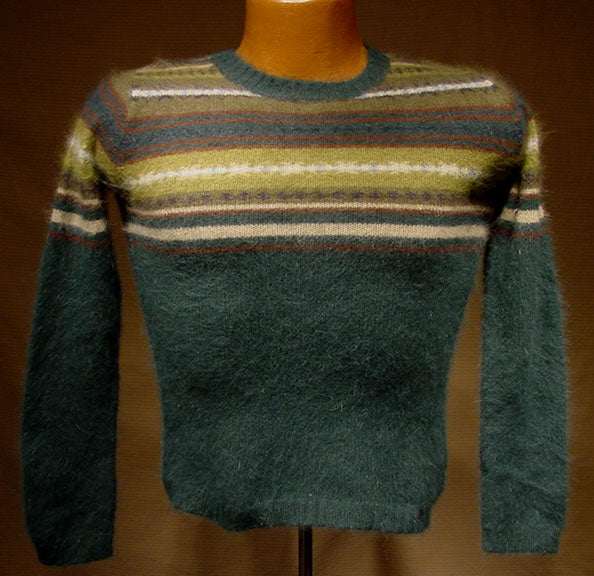 Girl's forest-green angora crewneck sweater with multi-color striped design on top by Limited Too, size S/10