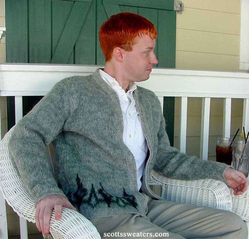 Men's retro zipper-front gray mohair cardigan with diamond design small size