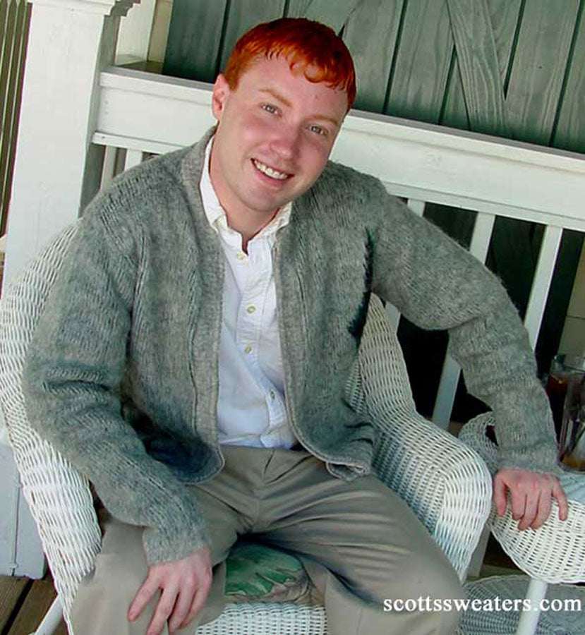 Gray men's retro zipper-front mohair cardigan with diamond design on left breast in size small