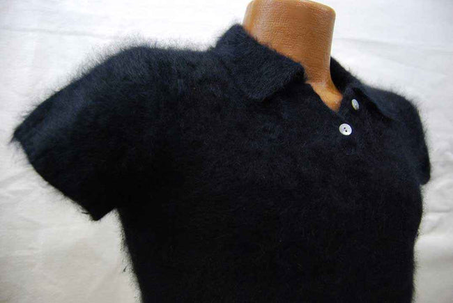 Women's navy-blue short-sleeve angora sweater polo-neck pullover on mannequin