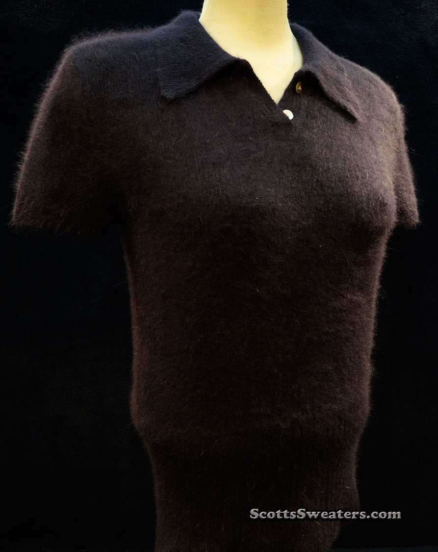 Woman's navy-blue short-sleeve angora polo-neck sweater by The Limited in medium size