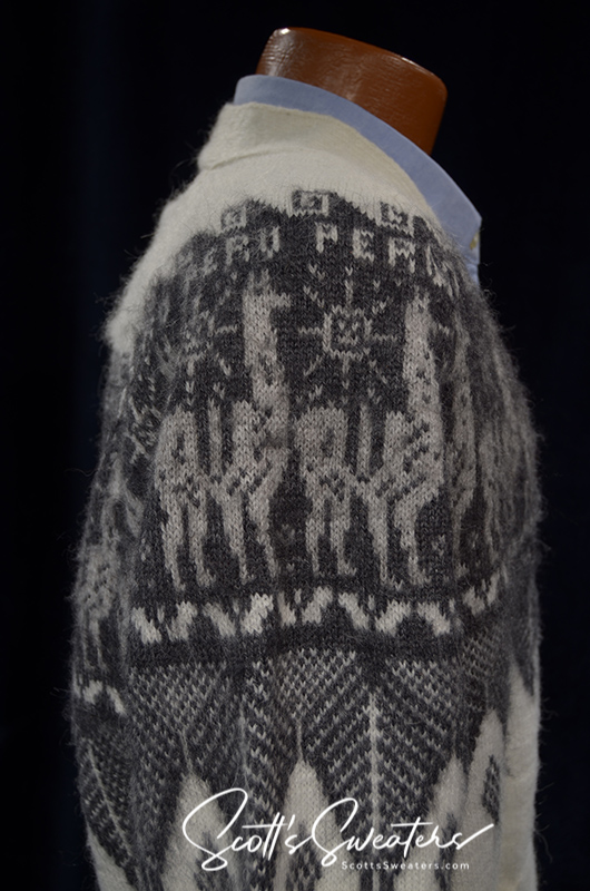 Men's soft alpaca white cardigan sweater with grey Aztec lama design and trim, medium size
