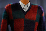 Retro classic original mohair V-neck sweater with blue, red, and green block pattern by Munsingwear