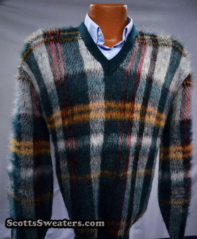 Vintage mohair sweater with retro shaggy plaid design and V-neck style