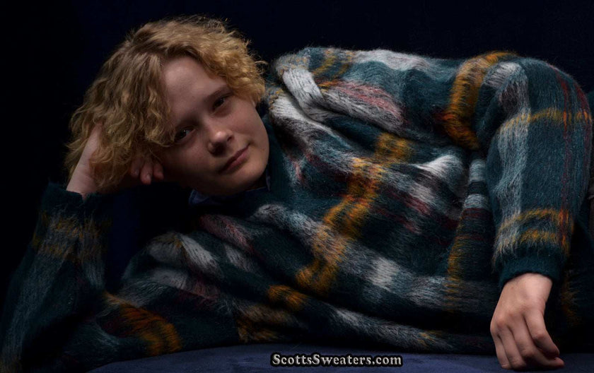 Vintage mohair sweater with retro shaggy plaid and V-neck design