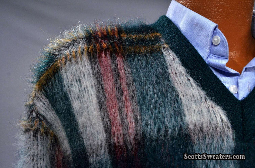 Vintage mohair sweater with shaggy plaid pattern and V-neck detail