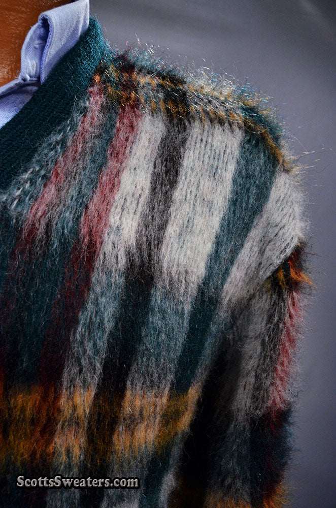 Close-up of vintage mohair sweater with retro shaggy plaid and V-neck design